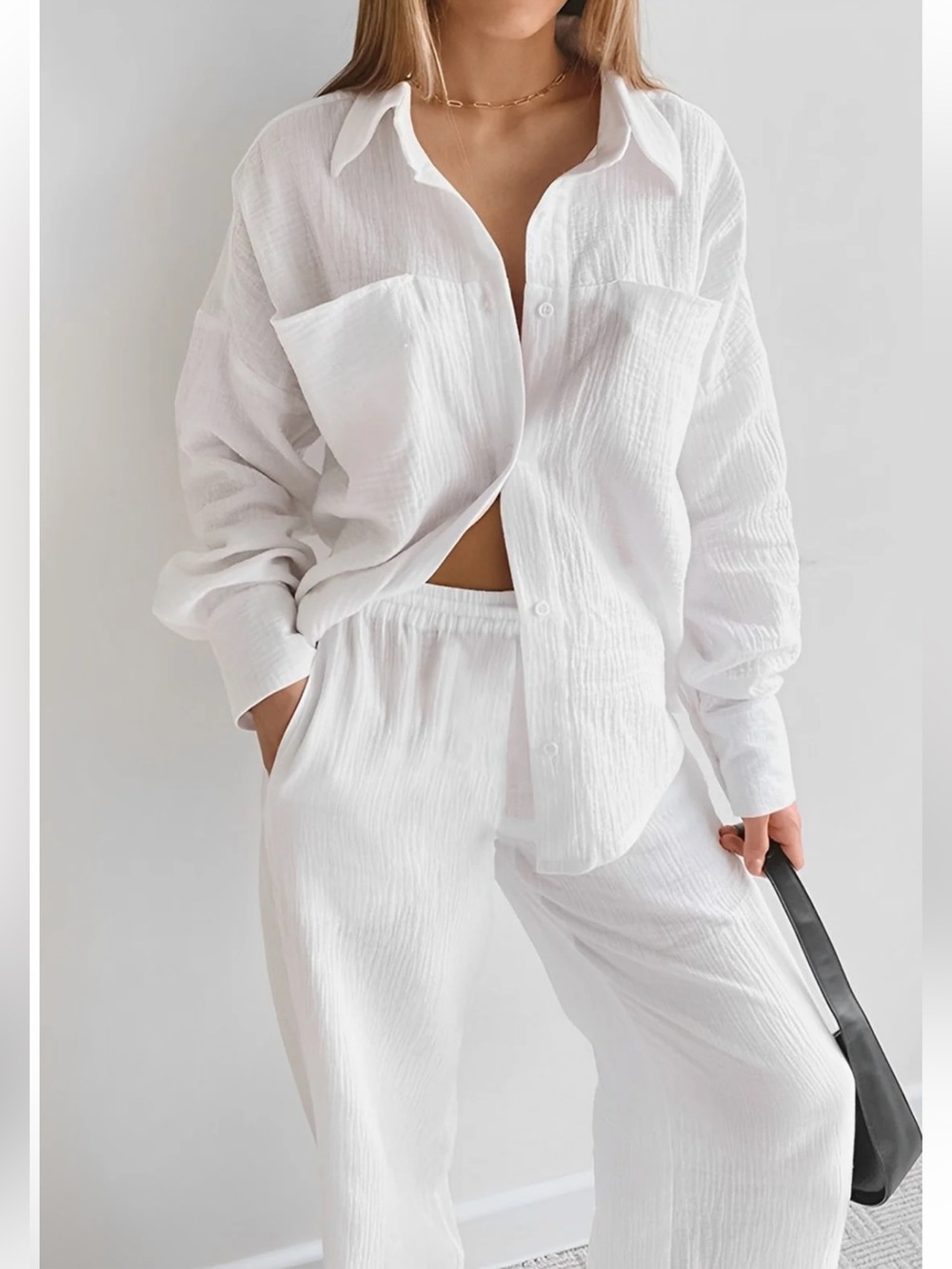 Commense Women's White Two-Piece Textured Lounge Set XL